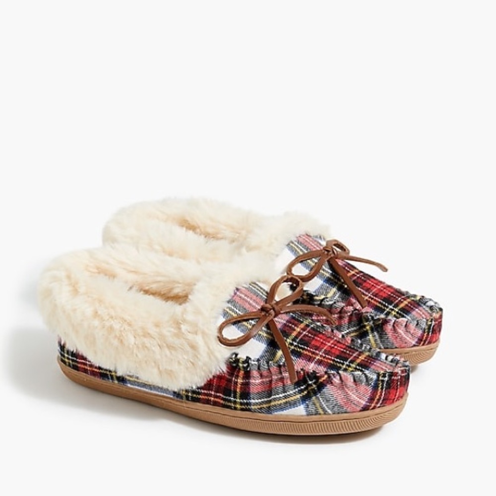 JCrew Tartan plaid faux fur slipper size 8